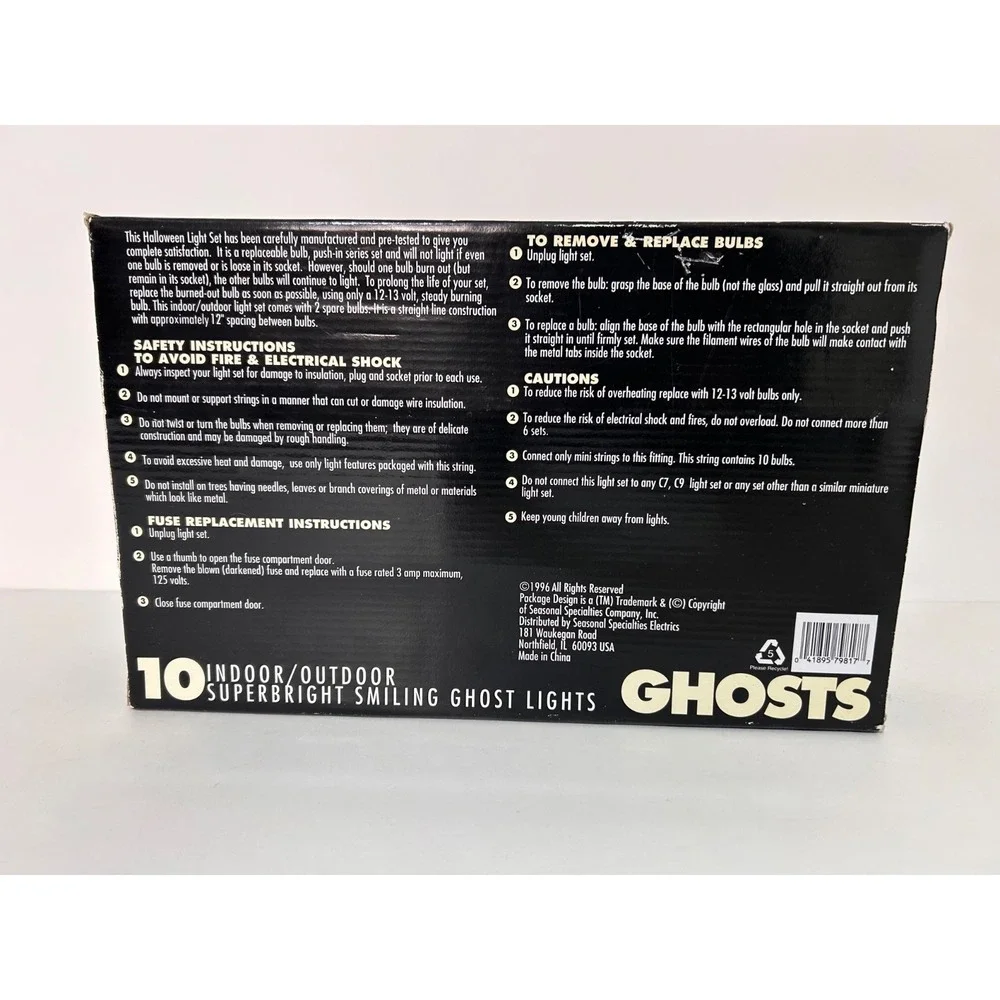 New Vintage Halloween 10 Ghost Hard Plastic Blow Mold String Lights Smiling